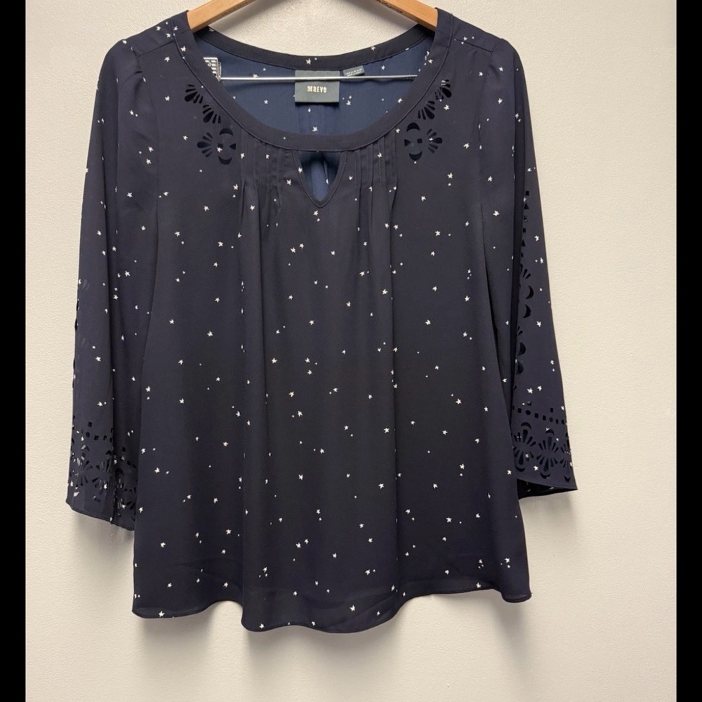 Anthropologie MAEVE Blouse Sz 12 Navy Blue Star 3/4 Sleeve Eyelet Lightweight